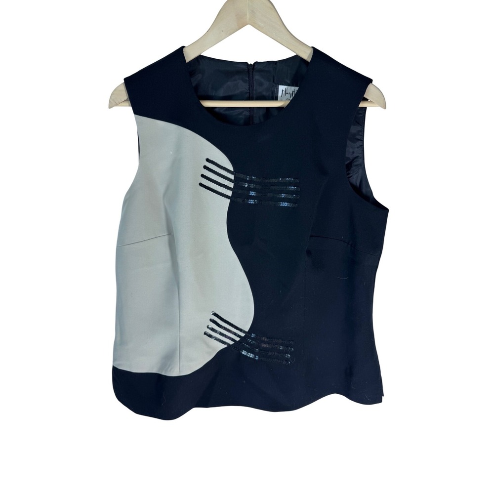 Mary McFadden Collection Black/Cream Sequin Colorblock Vintage Top Size 16